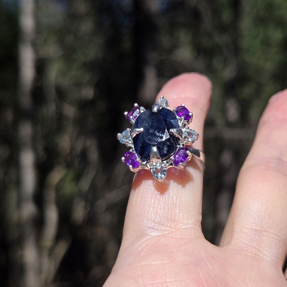 Deep blue sapphire 10k amethyst & Topaz sterling ring sz7 - Picture 5 of 11